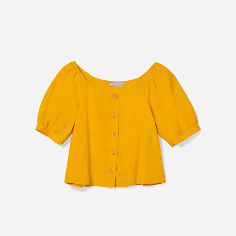 Everlane Linen Puff-sleeve top in Mustard, size 6 (as seen on Selena Gomez)